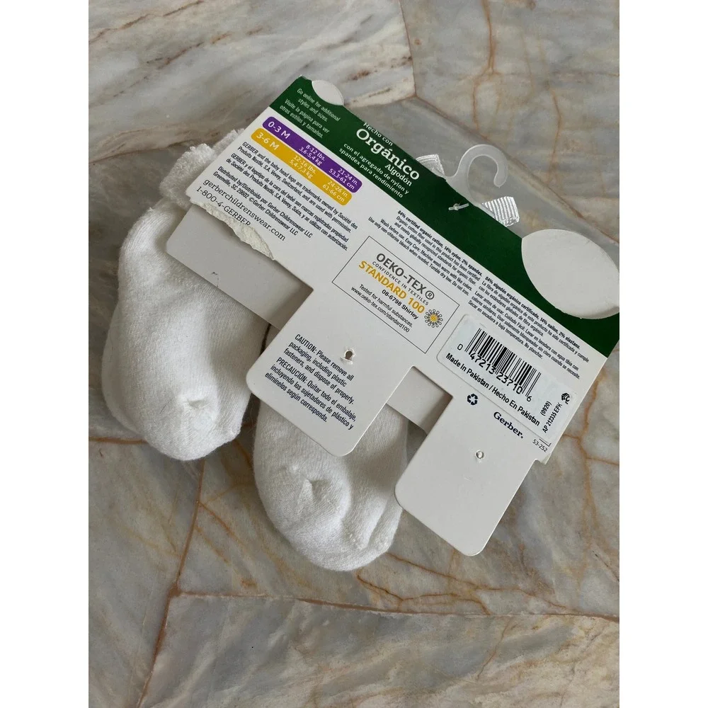 Gerber Baby Socks 3-6M White Organic Cotton Wiggle Proof Stay On Booties NEW